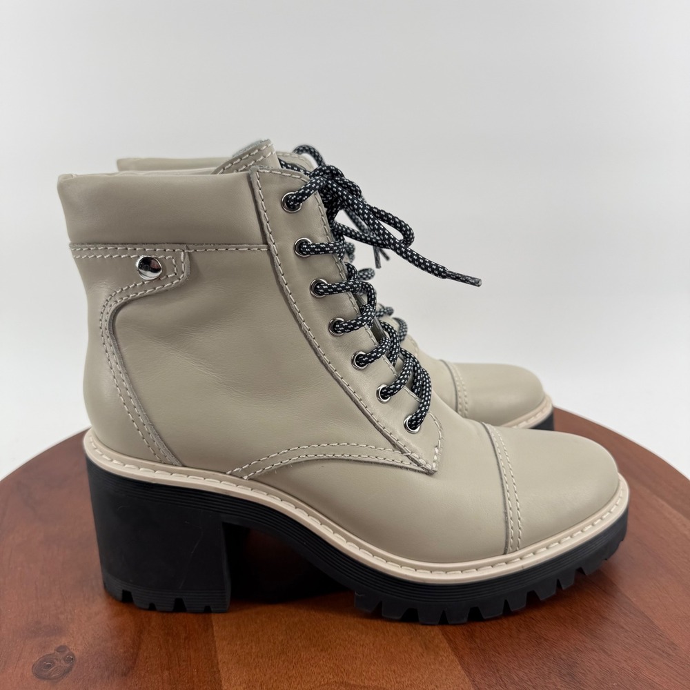 Marc Fisher Wenner Combat Boots Light Gray Leather Lug Sole Block Heel Women 9M